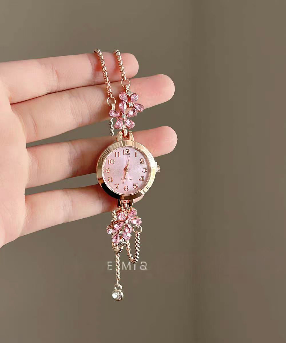 Fine Pink Stainless Steel Zircon Floral Retractable Watches