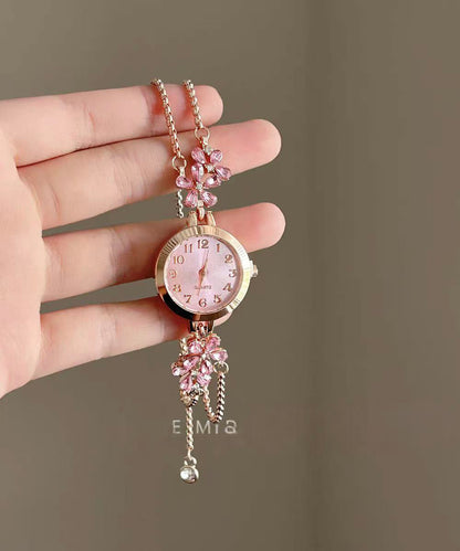 Fine Pink Stainless Steel Zircon Floral Retractable Watches