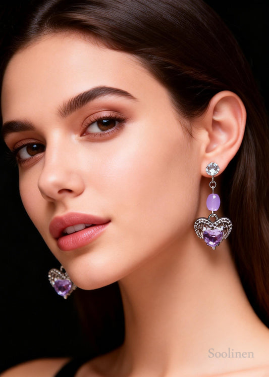 Fine Purple Heart-shaped Gem Stone Drop Earrings