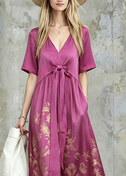 Fine Purple V Neck Print Tie Waist Long Dress Summer