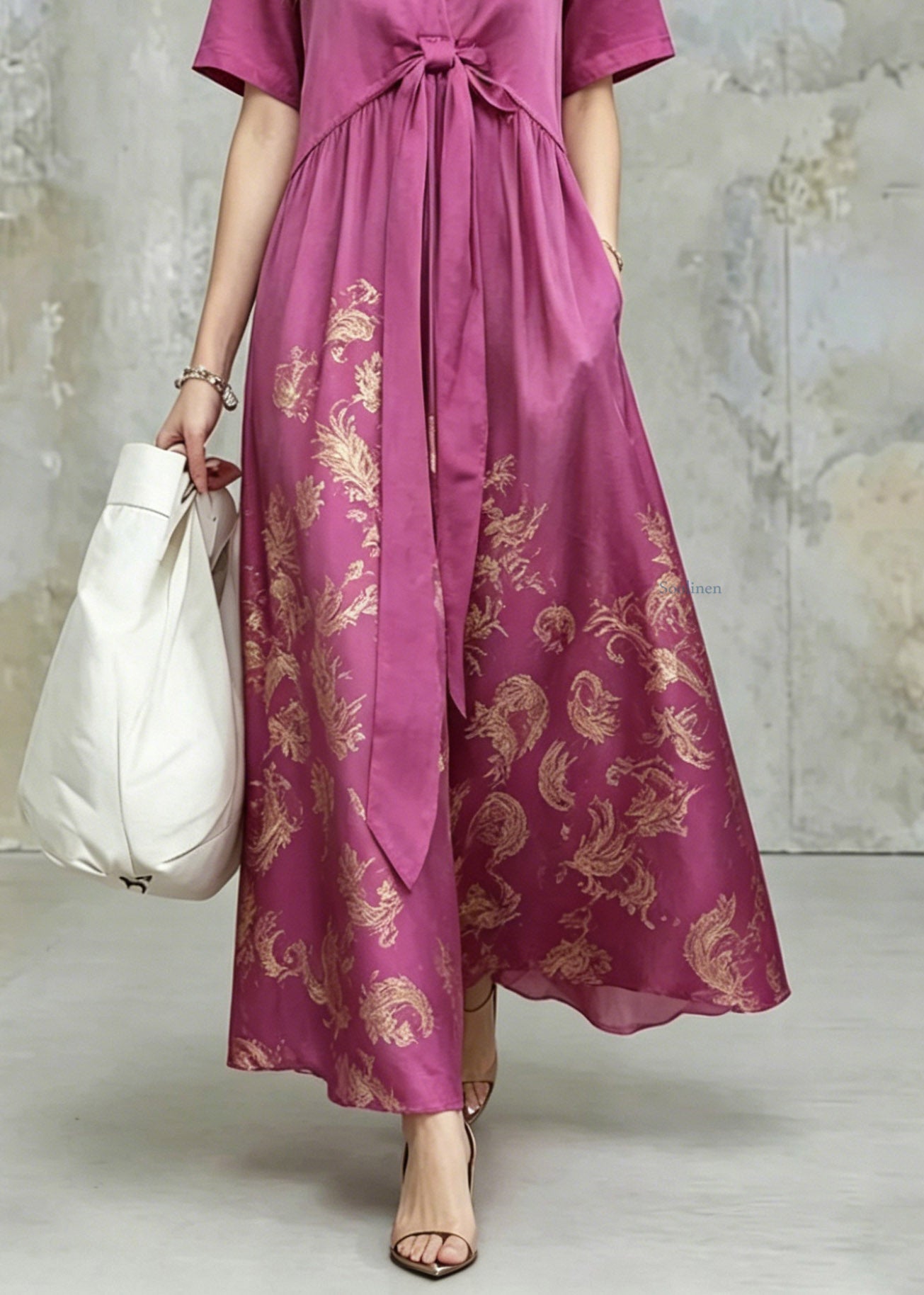 Fine Purple V Neck Print Tie Waist Long Dress Summer