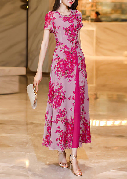 Fine Rose O Neck Print Patchwork Chiffon Dress Summer