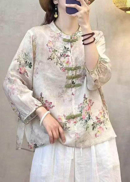 Fine Rose Stand Collar Print Linen Top Fall