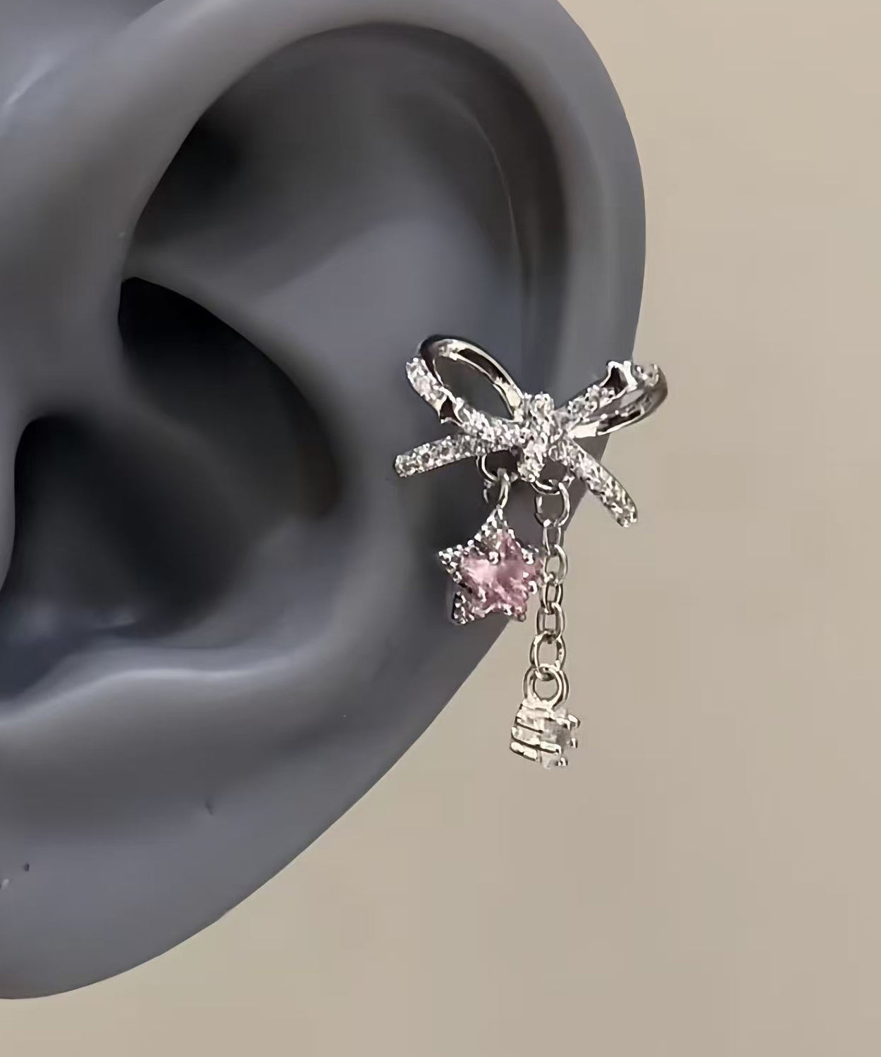 Fine Silk Copper Alloy Zircon Bow Pentagram Drop Earrings
