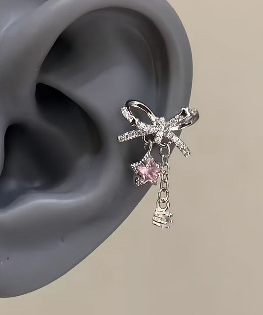 Fine Silk Copper Alloy Zircon Bow Pentagram Drop Earrings