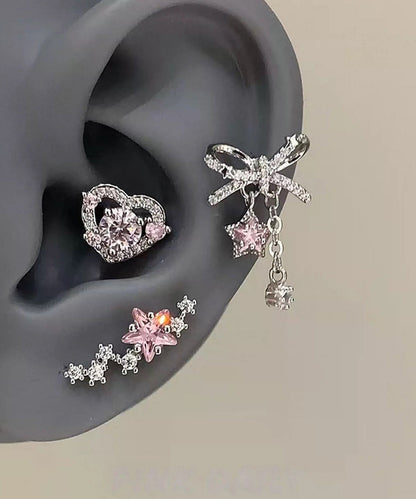 Fine Silk Copper Alloy Zircon Bow Pentagram Drop Earrings