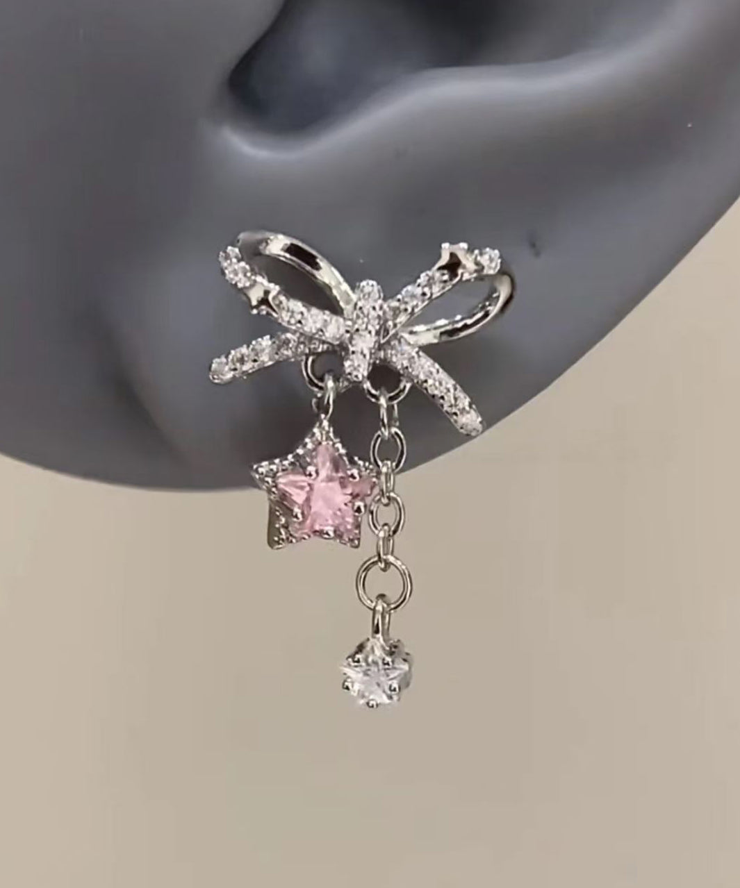 Fine Silk Copper Alloy Zircon Bow Pentagram Drop Earrings