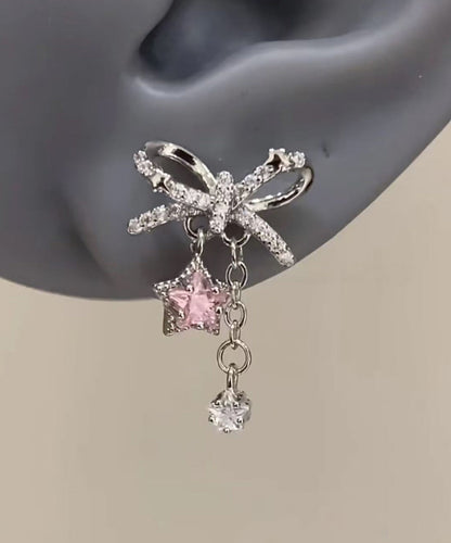 Fine Silk Copper Alloy Zircon Bow Pentagram Drop Earrings