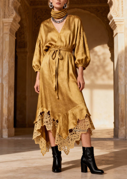 Fine V Neck Asymmetrical Lace Patchwork Silk Dresses Spring