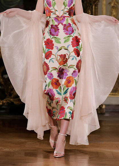 Fine V Neck Print Silk Spaghetti Strap Dress And Cape Two-Piece Set Summer