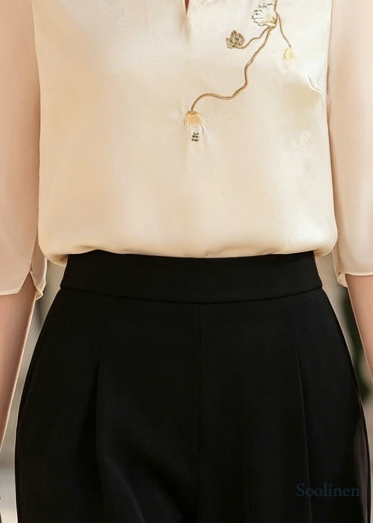Fine White Embroidered Jacquard Silk Oriental Tops Half Sleeve