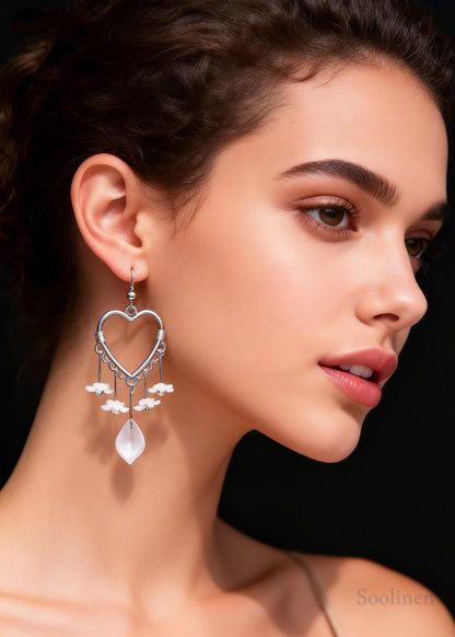 Fine White Flower Acrylic Heart-shaped Long Drop Earrings