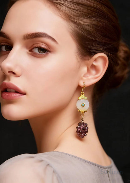Fine White Jade Patchwork Grapes Drop Earrings