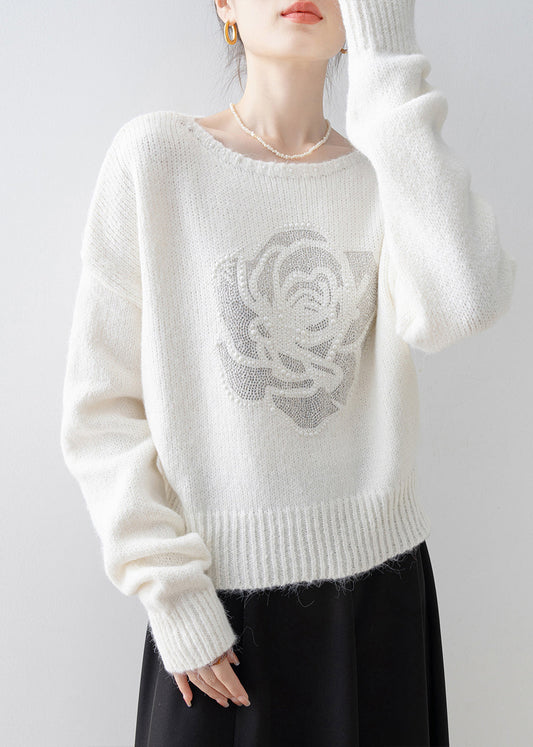 Fine White O Neck Zircon Floral Knit Sweaters Spring