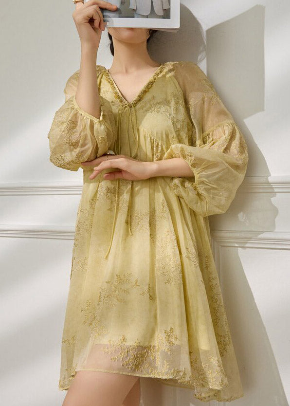 Fine Yellow V Neck Tie Lace Chiffon Mid Dress Spring