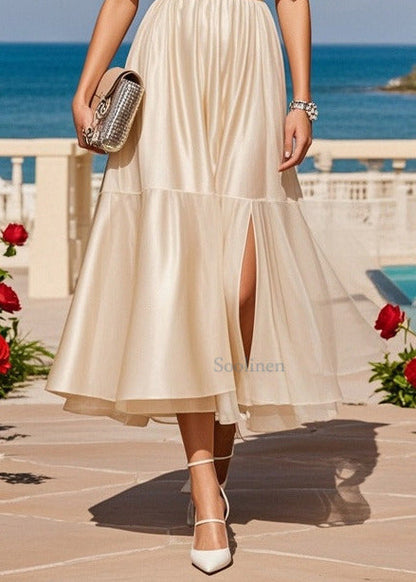 Fitted Apricot Cold Shoulder Side Open Silk Strapless Dresses Summer