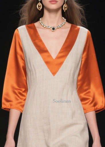 Fitted Beige Asymmetrical Patchwork Linen Silk Fake Two Piece Dresses Summer