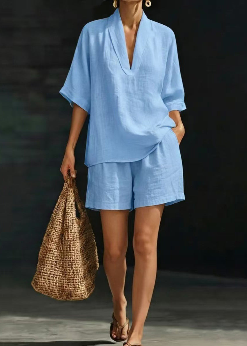 Fitted Beige V Neck Oversized Linen Two Piece Set Summer