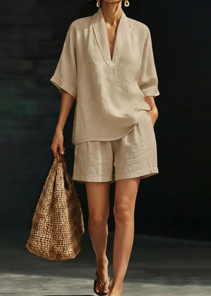 Fitted Beige V Neck Oversized Linen Two Piece Set Summer