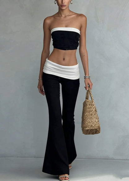 Fitted Black Strapless And Flared Trousers Cotton Two Pieces Set Summer