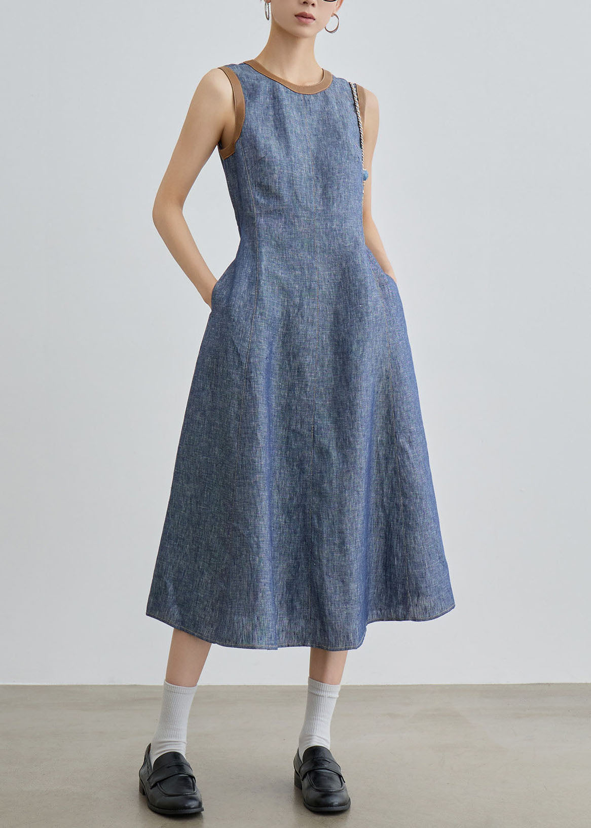 Fitted Blue O Neck Patchwork Denim Long Dress Sleeveless