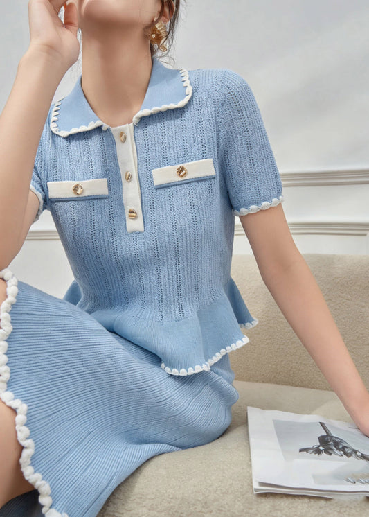 Fitted Blue Patchwork Button Knit Shirt And Skirts Two Pieces Set Short Sleeve