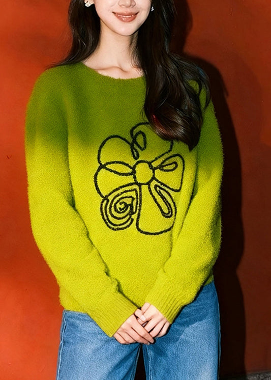 Fitted Grass Green Oversized Floral Knit Sweaters Winter