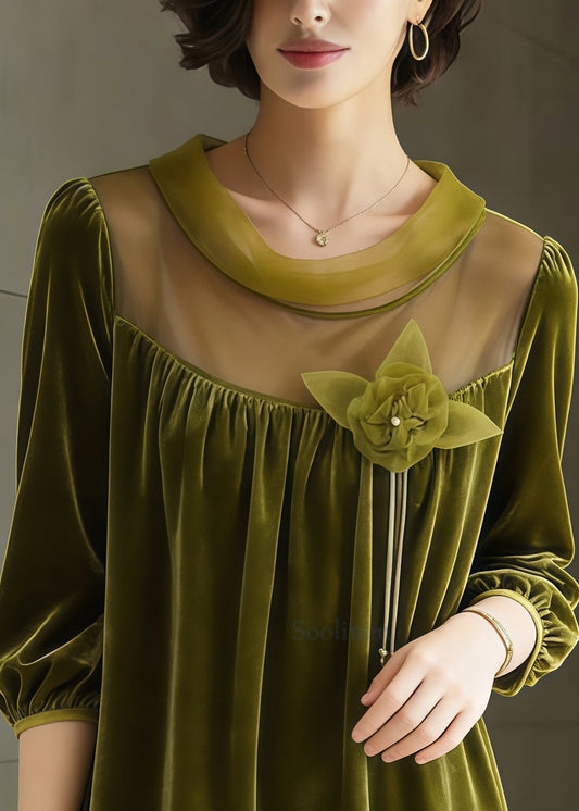 Fitted Grass Green Oversized Patchwork Silk Velvet Tea Dress Half Sleeve