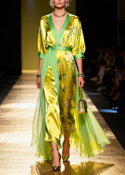 Fitted Grass Green Print Tulle Patchwork Silk Party Dresses Summer