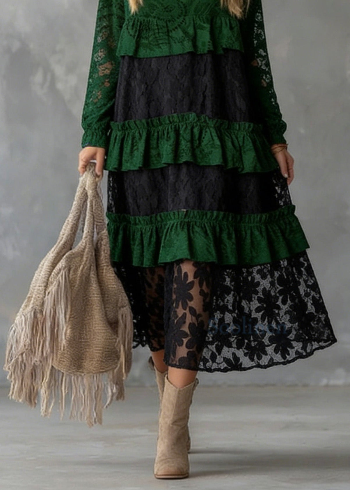 Fitted Green O Neck Ruffled Lace atchwork Cotton Dress Spring