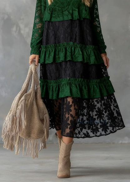 Fitted Green O Neck Ruffled Lace atchwork Cotton Dress Spring