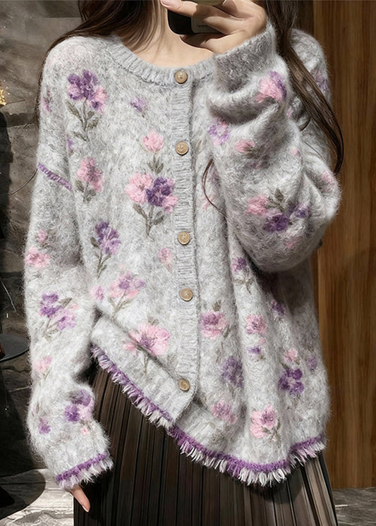 Fitted Grey O Neck Floral Tassel Button Knit Cardigans Spring