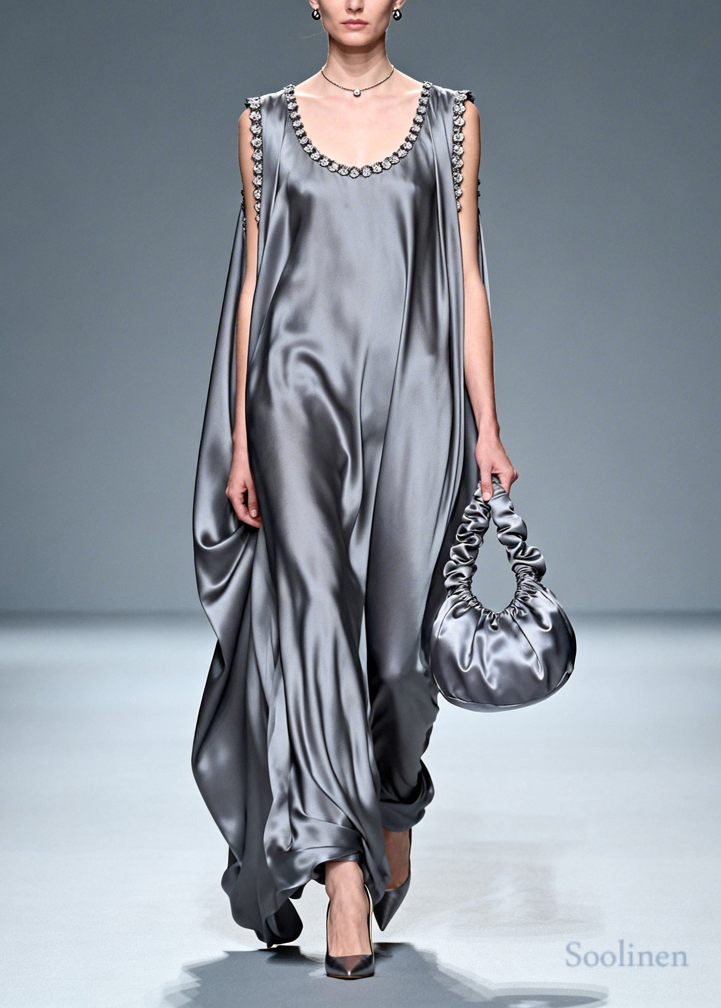 Fitted Grey Oversized Draping Silk Vacation Dresses Sleeveless