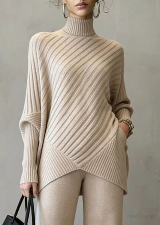Fitted Khaki High Neck Asymmetrical Design Knit Two Pieces Set Spring