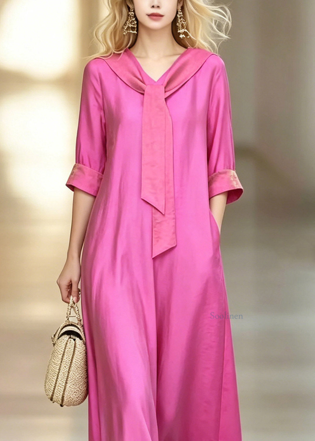 Fitted Pink Bow Patchwork Solid Maxi Dresses Short Sleeve