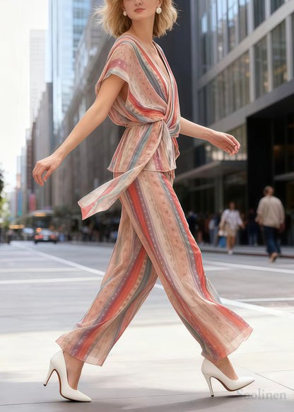 Fitted Rainbow Asymmetrical Striped Chiffon 2 Piece Outfit Summer