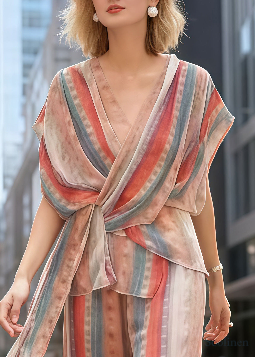 Fitted Rainbow Asymmetrical Striped Chiffon 2 Piece Outfit Summer