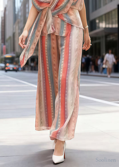 Fitted Rainbow Asymmetrical Striped Chiffon 2 Piece Outfit Summer