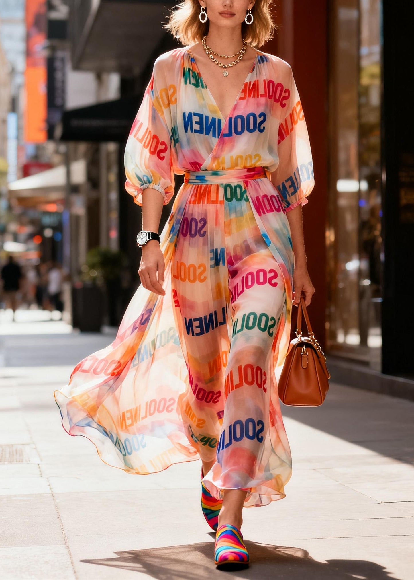 Fitted Rainbow V Neck Print Chiffon Ankle Dress Summer