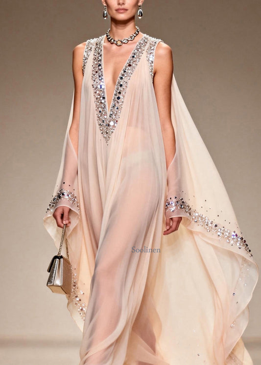 Fitted V Neck Cold Shoulder Zircon Chiffon Dress Summer