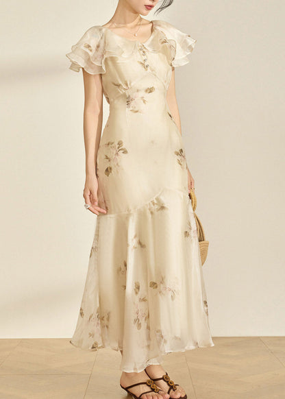 Fitted V Neck Patchwork Chiffon Long Fish-Tail Dresses Flare Sleeve