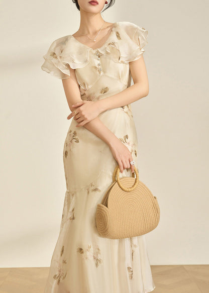 Fitted V Neck Patchwork Chiffon Long Fish-Tail Dresses Flare Sleeve
