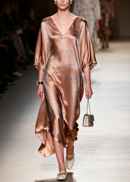Fitted V Neck Silk Long Dress Lanter Sleeve