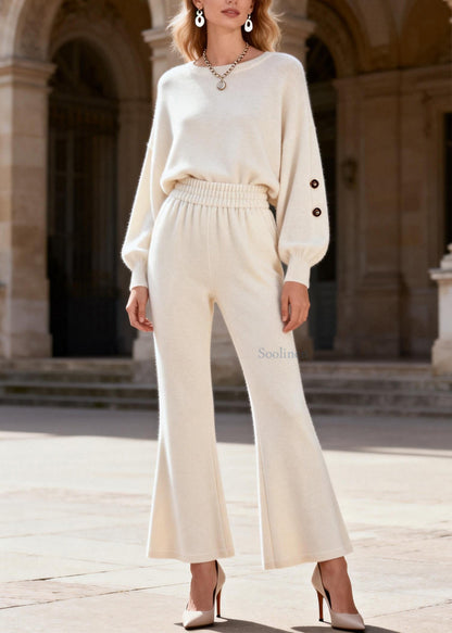Fitted White O Neck Top And Flared Trousers Knit Two Pieces Set Spring