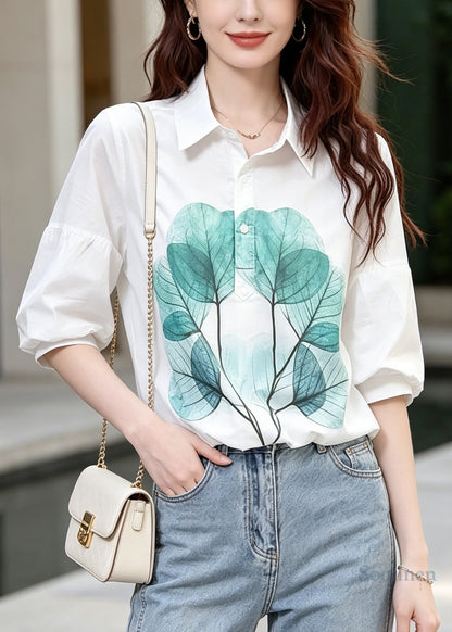 Fitted White Oversized Print Cotton Blouse Tops Bracelet Sleeve