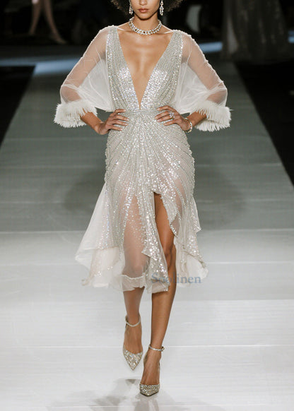 Fitted White Sequins Patchwork Faux Fur Sheer Dress Summer