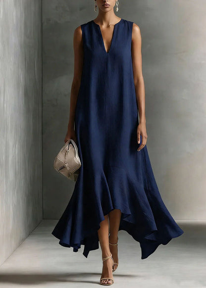 Fitted White V Neck Asymmetrical Design Cotton Maxi Dresses Summer