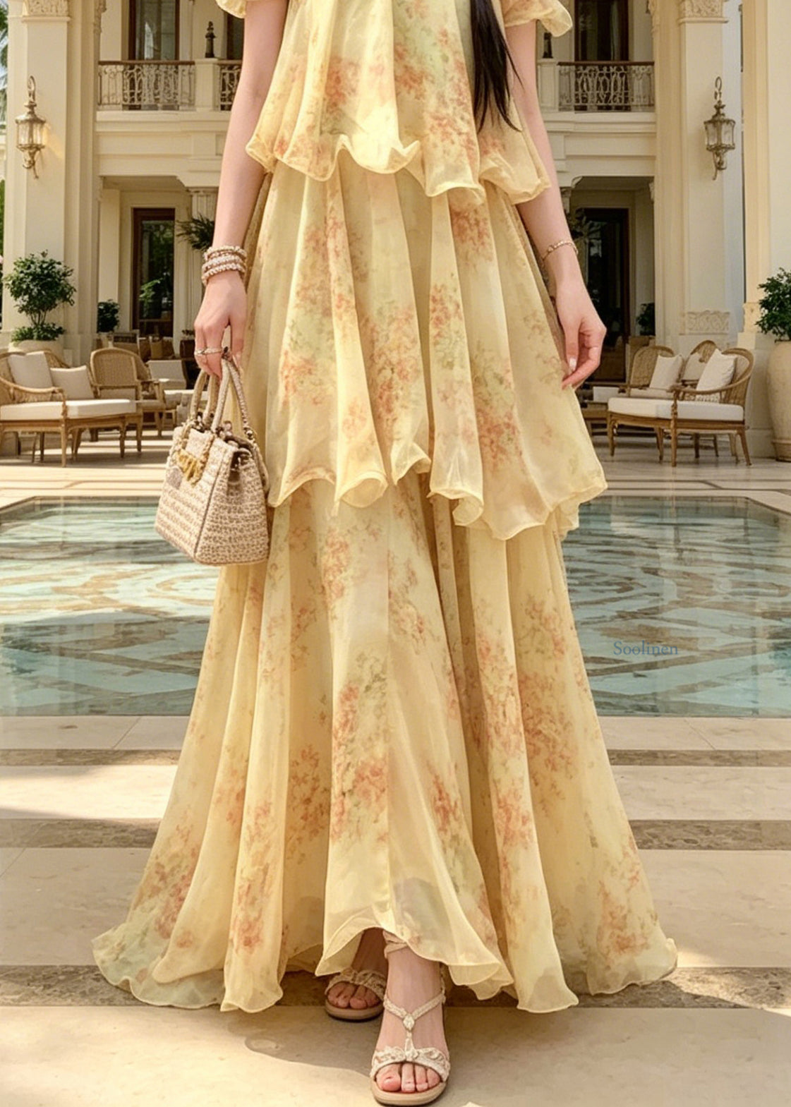 Fitted Yellow Cold Shoulder Ruffled Print Chiffon Maxi Spaghetti Strap Dress Sleeveless