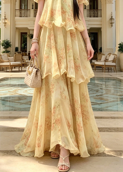 Fitted Yellow Cold Shoulder Ruffled Print Chiffon Maxi Spaghetti Strap Dress Sleeveless