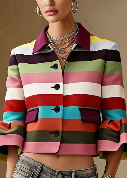 Flared Sleeves Multi-Colored Striped Lapel Jackets Outerwear
